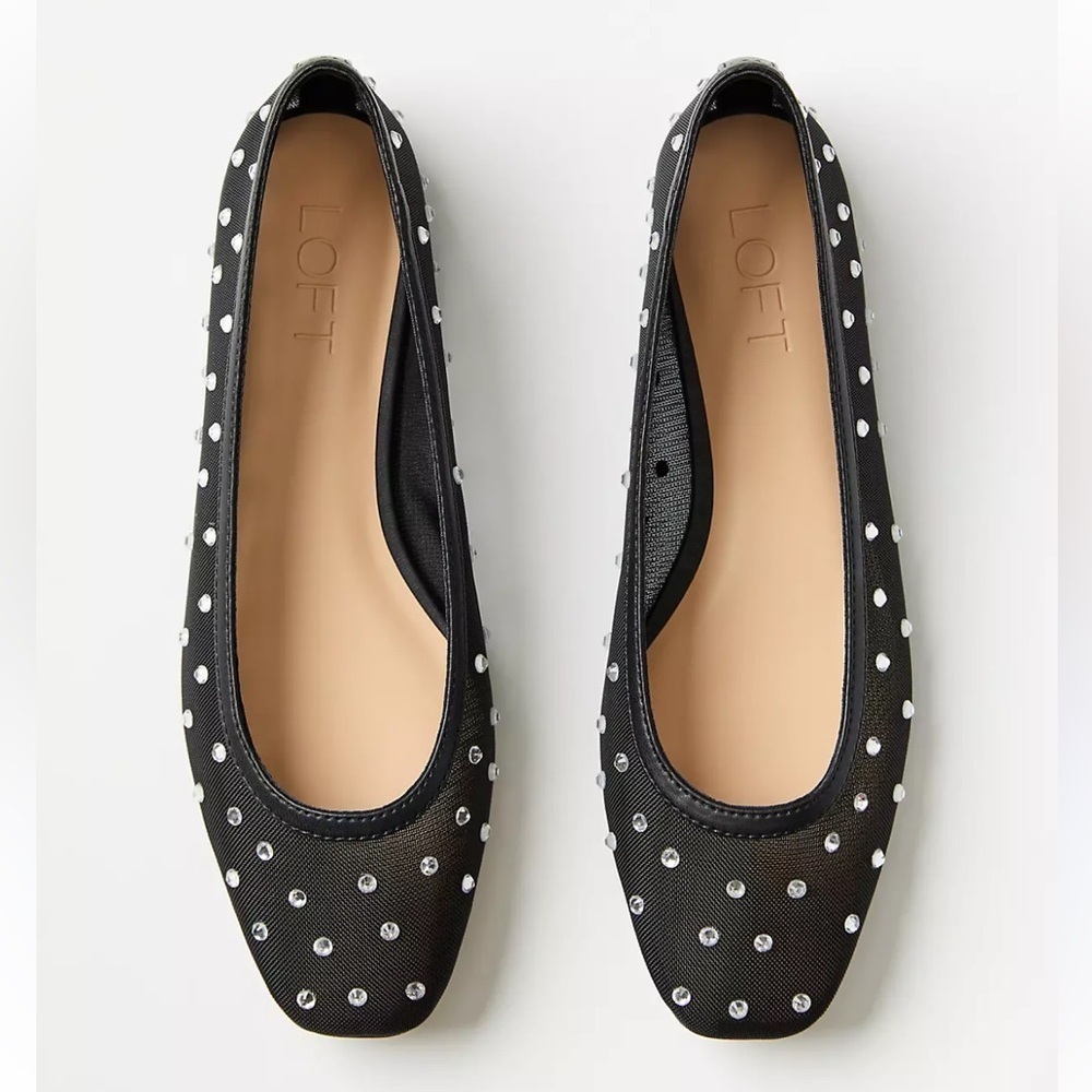 LOFT Chic Black Mesh Sparkling Studded Ballet Flats Size 6
